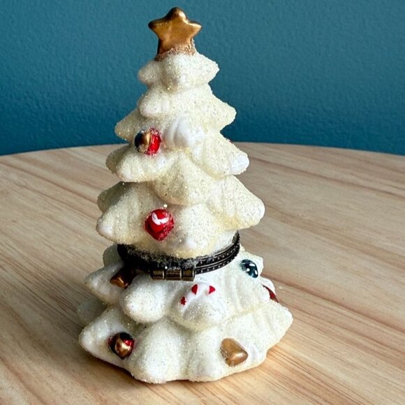 Vintage White Christmas Tree Trinket Box With Ornaments  Gold Star Glitter Keeps - Picture 4 of 10